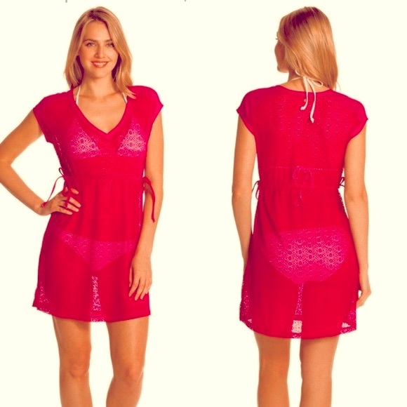 🍒 3/$35 PRANA Cherry Red Mesh ELLIOT Cinch-Tie Waist S/S Cover-Up-L - Picture 4 of 16
